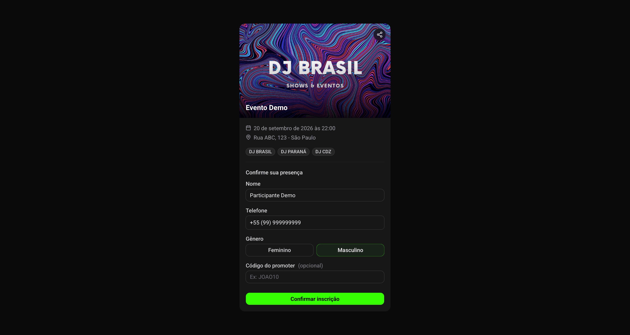 Página pública para o convidado confirmar presença